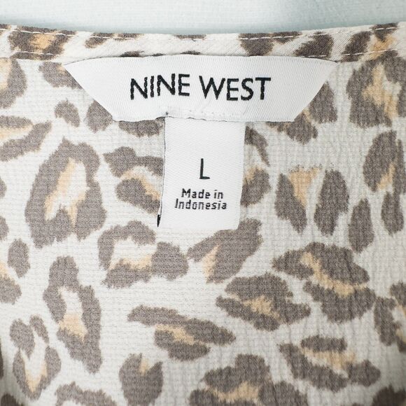 Nine West Leopard Animal Print V Neck Peplum Blouse Womens Large Crepe Chiffon - Picture 3 of 14
